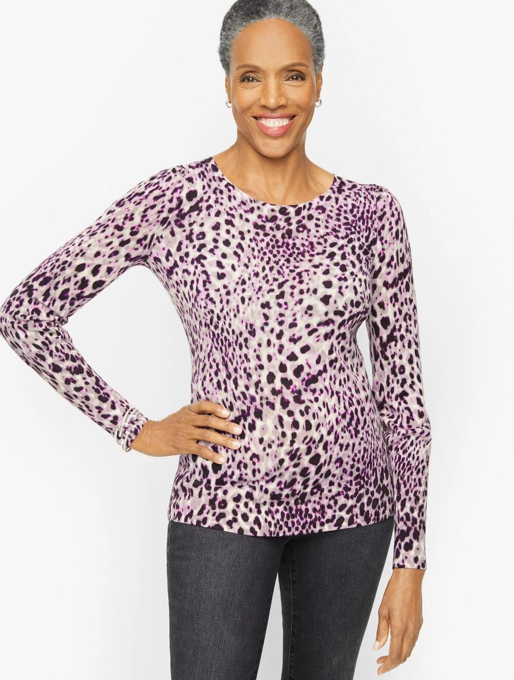 [Talbots] Purple Merino Wool Puff Sleeve Leopard Print Crew Neck Sweater Small S